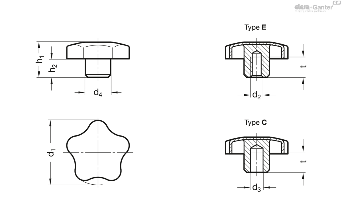 GN 5334 Star Knobs with Threaded Bushing, Stainless Steel AISI 304